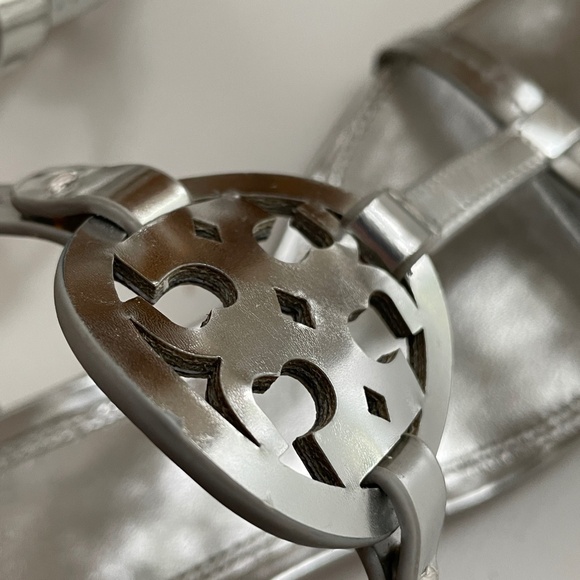 Tory Burch Womens 7.5 Metallic Leather Logo Sandals Espadrille Heels Coastal - Picture 6 of 12